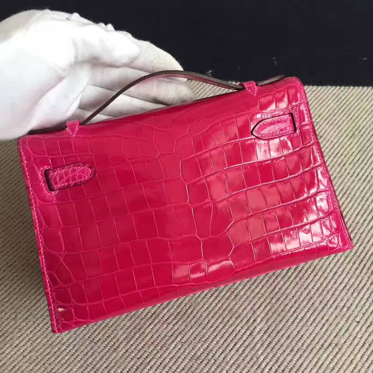 New Arrival Hermes J5 Rose Scheherazade Crocodile Shiny Leather Minikelly 22cm