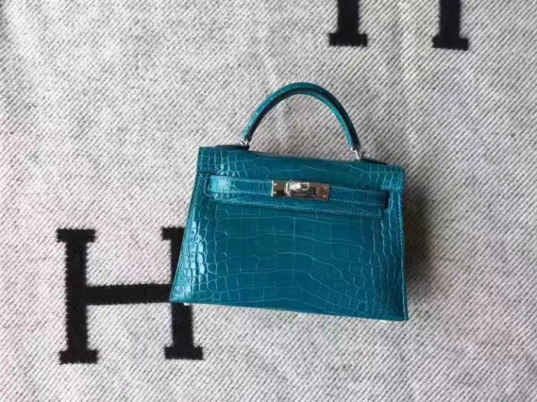 Hermes 7W Blue Izmir Crocodile Shiny Leather Minikelly-2 Clutch Bag