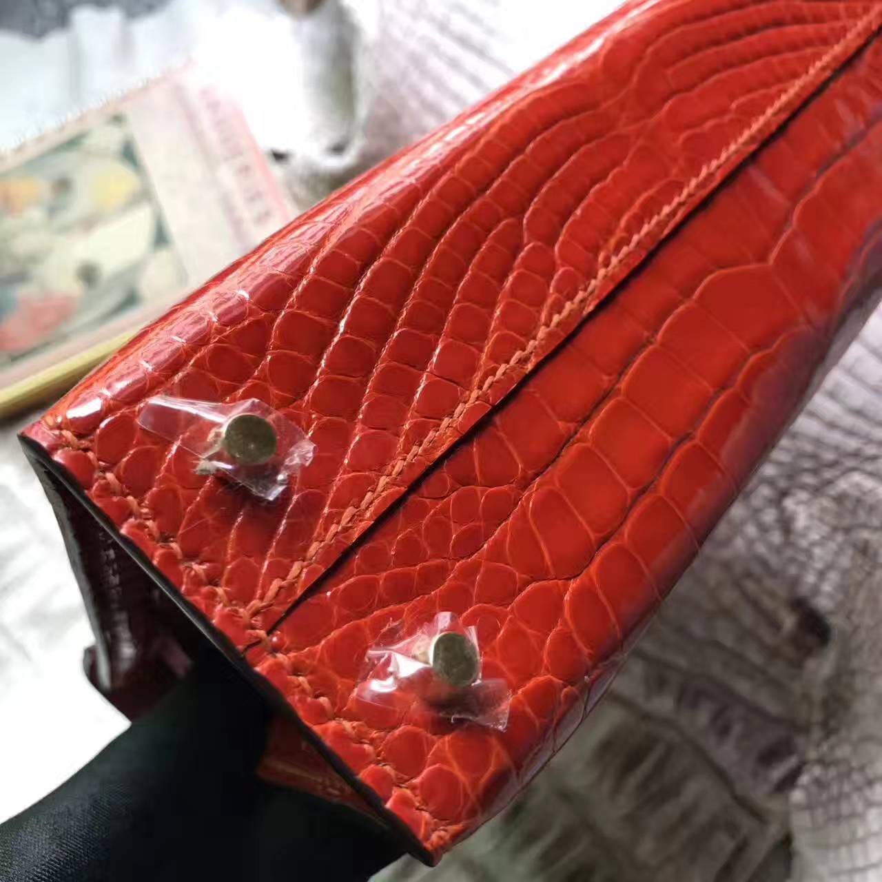 Hermes  8V Orange Poppy Crocodile Shiny Leather Minikelly-2 Clutch Bag