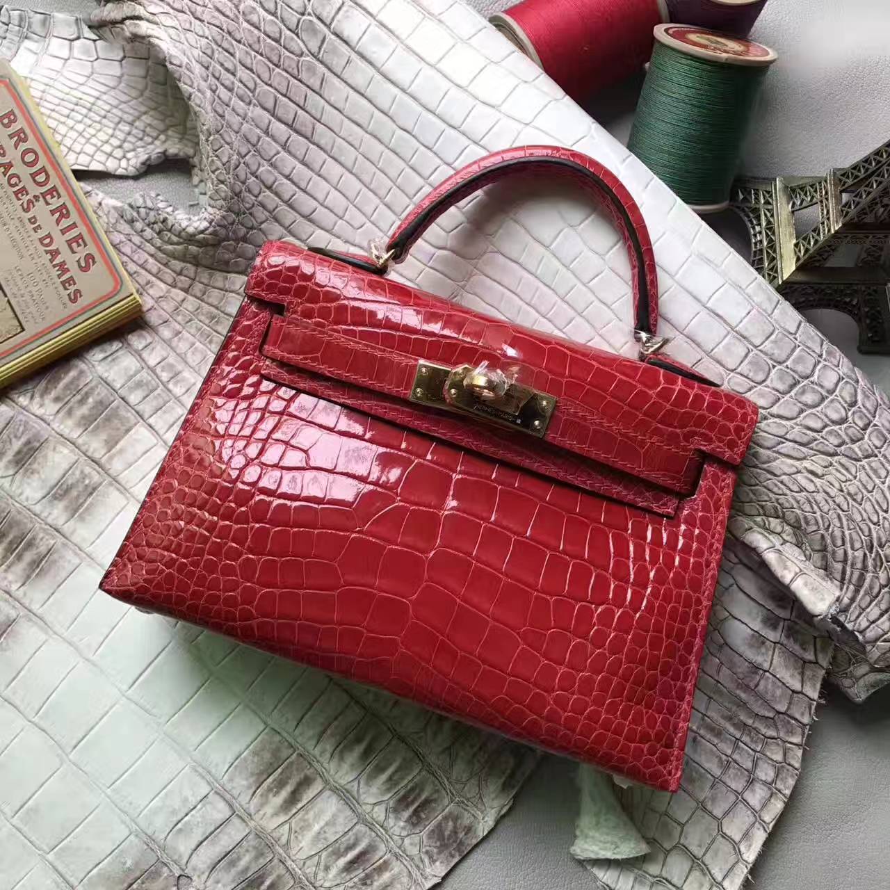 New Hermes A5 Bougainvillier Crocodile Shiny Leather Minikelly-2 Bag