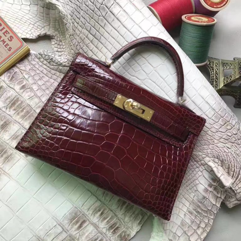 Hand Stitching Hermes Crocodile Shiny Minikelly-2 Clutch in CK57 Bordeaux