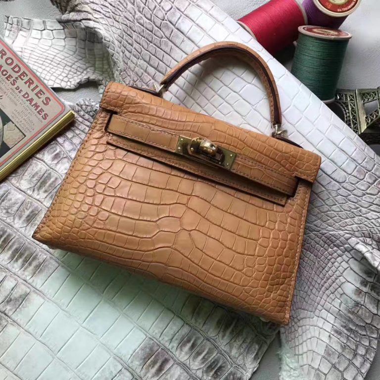 Hermes Cognac Crocodile Shiny Leather Minikelly-2 Handbag