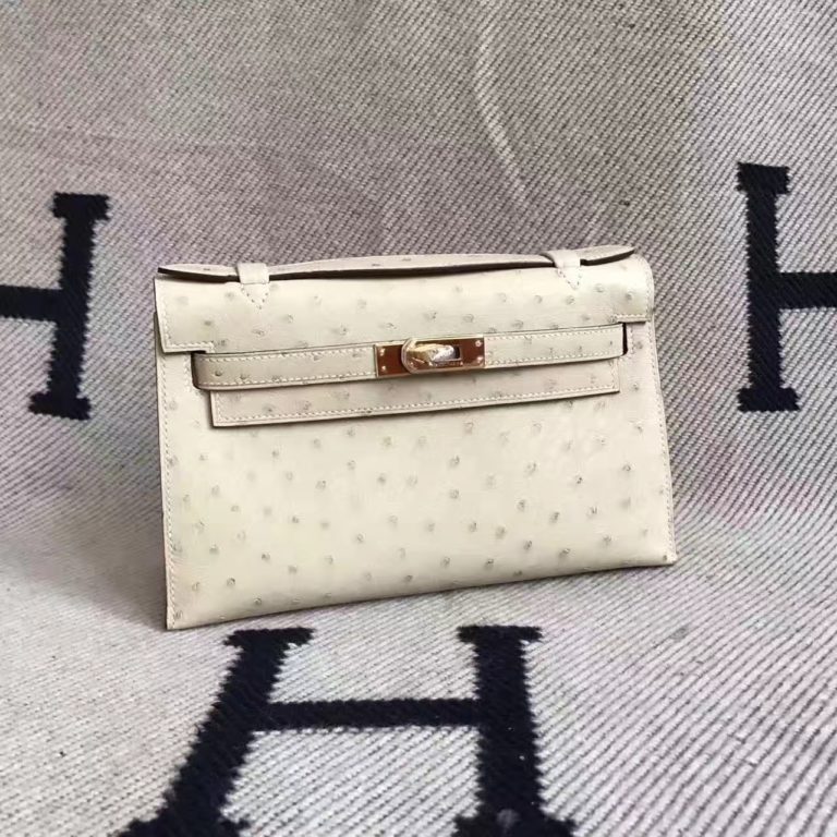 Hermes Wool White Ostrich Leather Minikelly Clutch Bag  22cm