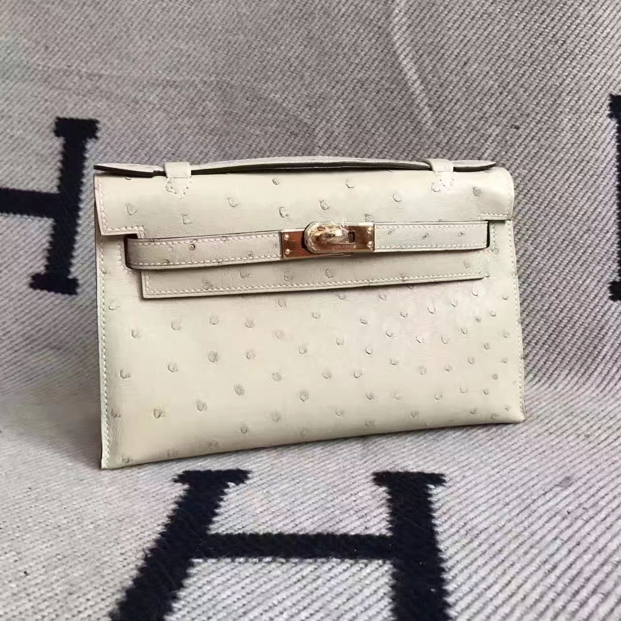 Wholesale Hermes Wool White Ostrich Leather Minikelly Clutch Bag 22cm