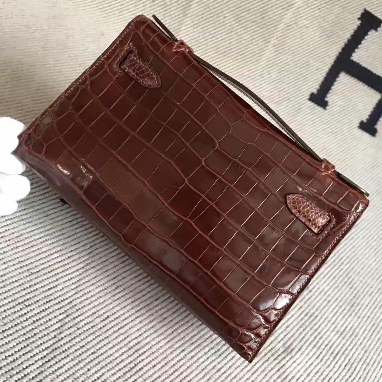 Luxury Hermes CK31 Brown Crocodile Shiny Leather Minikelly Clutch Bag 22CM