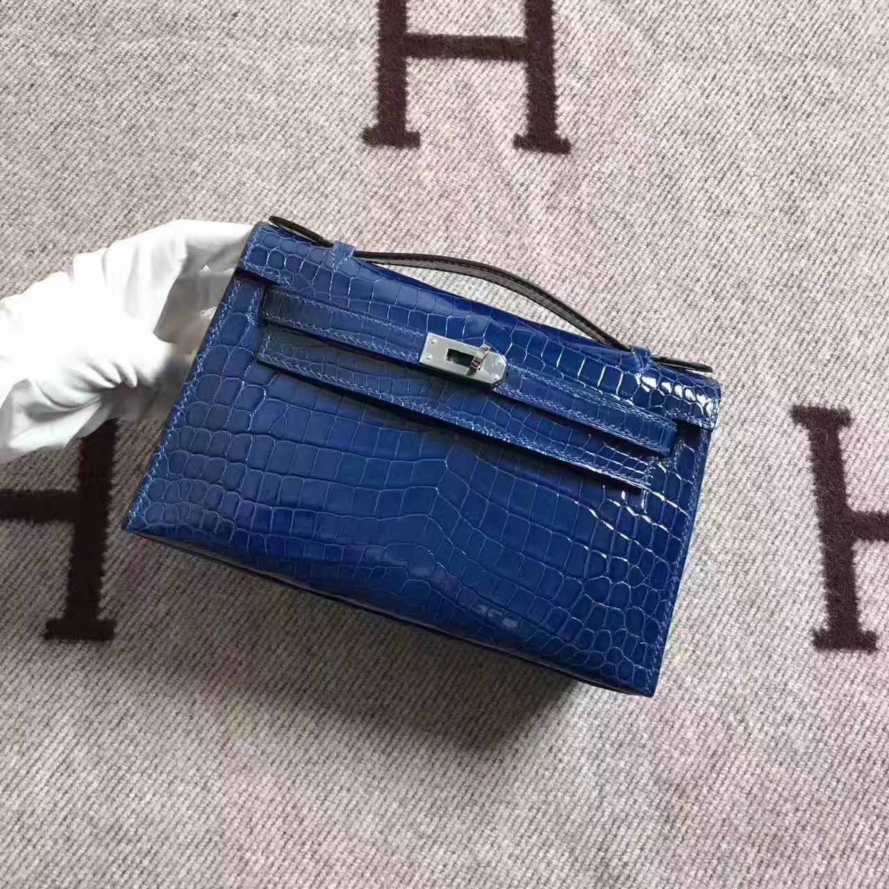 On Sale Hermes Z7 Dark Blue Crocodile Shiny Leather Minikelly Clutch 22CM