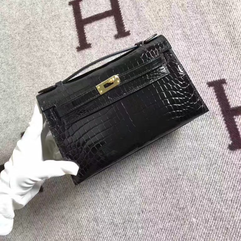 Hermes 89 Black Crocodile Shiny Leather Minikelly Handbag  22cm