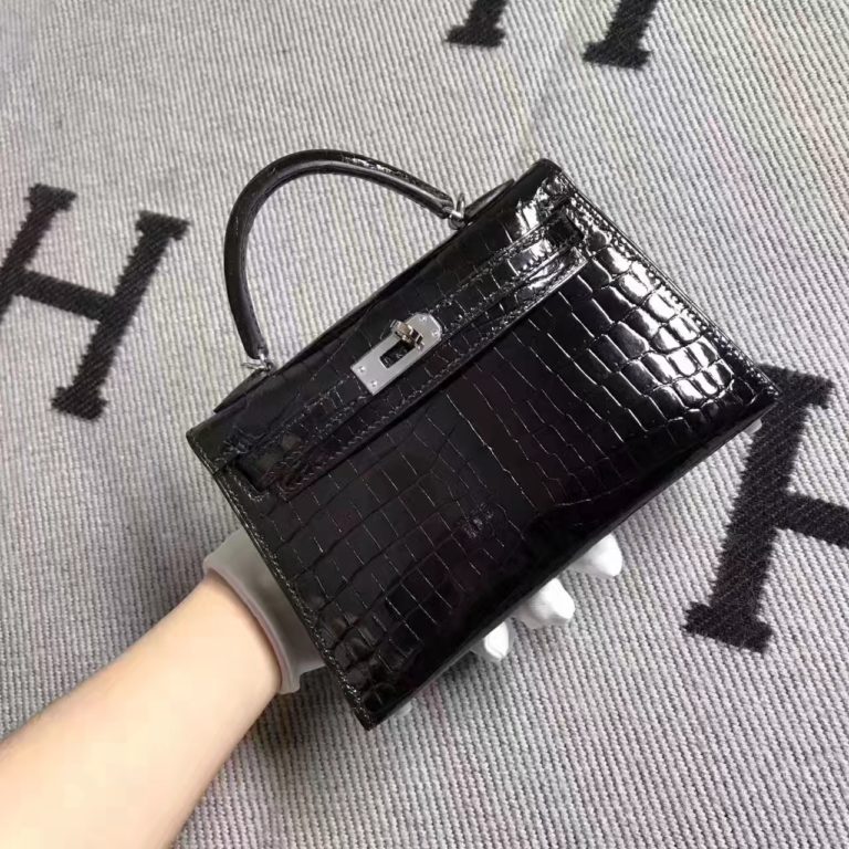 Hermes CK89 Black Crocodile Shiny Leather Minikelly-2 Clutch Bag