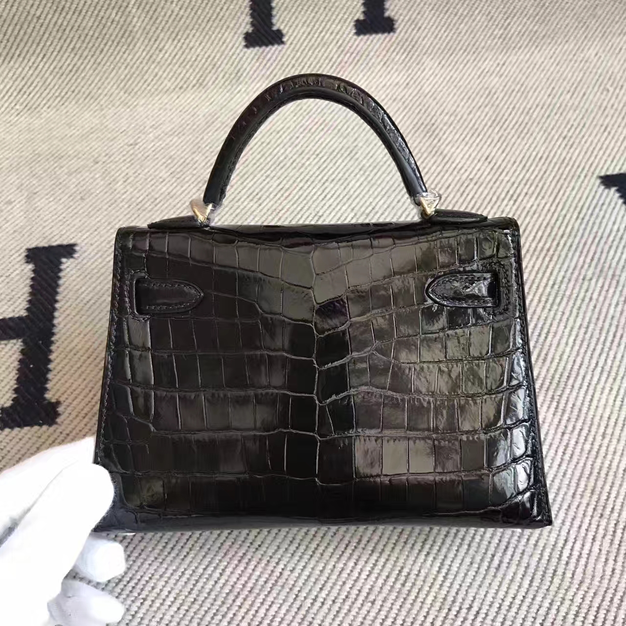 Hermes CK89 Black Crocodile Shiny Leather Minikelly-2 Clutch Bag