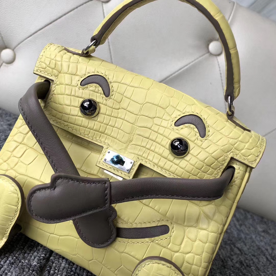 New Hermes 9R Lemon Yellow Matt Crocodile Kelly Doll Bag16cm Silver Hardware