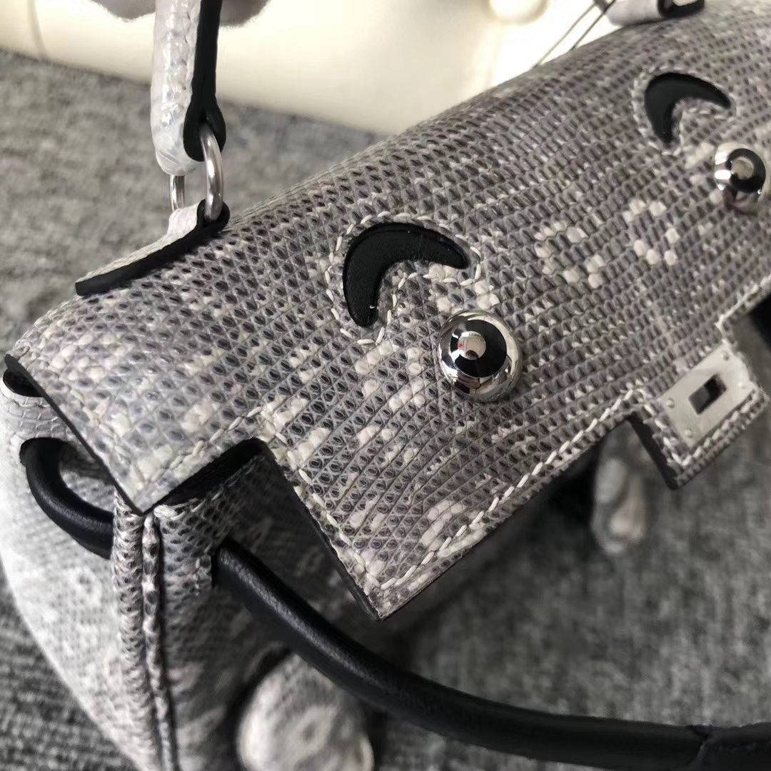 Lovely Hermes Himalaya/Noir Lizard Leather Kelly Doll Bag Silver Hardware