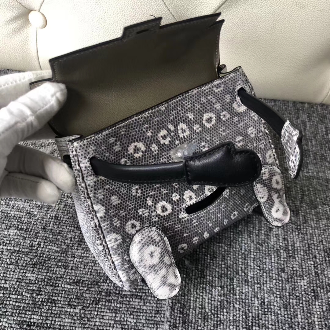 Lovely Hermes Himalaya/Noir Lizard Leather Kelly Doll Bag Silver Hardware