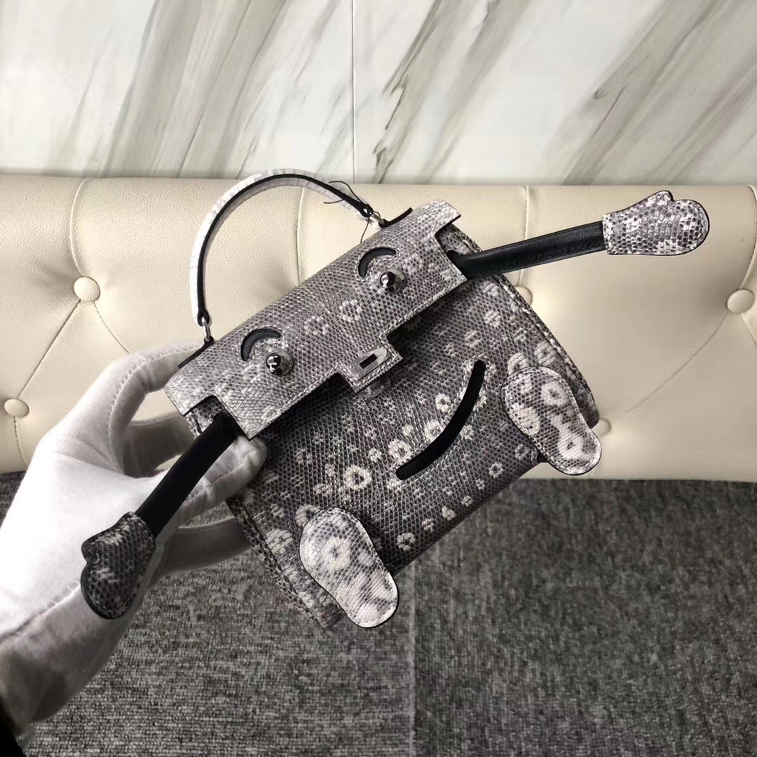 Lovely Hermes Himalaya/Noir Lizard Leather Kelly Doll Bag Silver Hardware