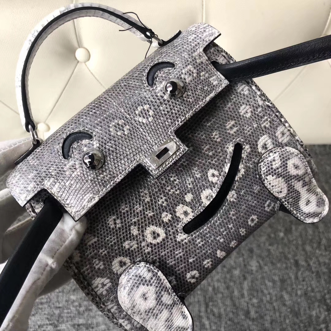 Lovely Hermes Himalaya/Noir Lizard Leather Kelly Doll Bag Silver Hardware