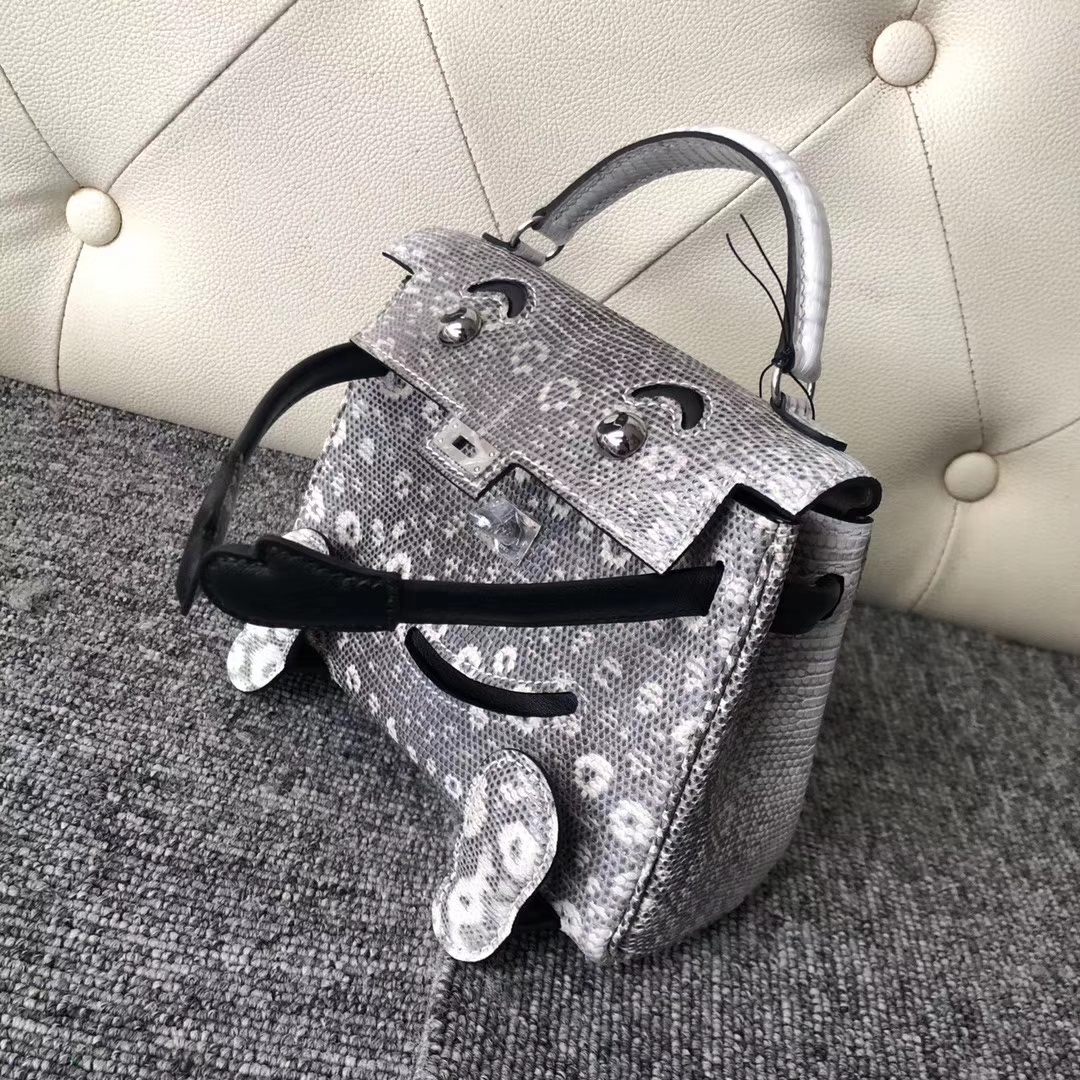 Lovely Hermes Himalaya/Noir Lizard Leather Kelly Doll Bag Silver Hardware