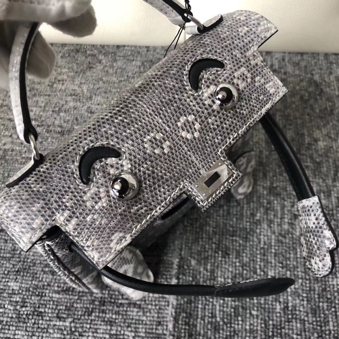 Lovely Hermes Himalaya/Noir Lizard Leather Kelly Doll Bag Silver Hardware