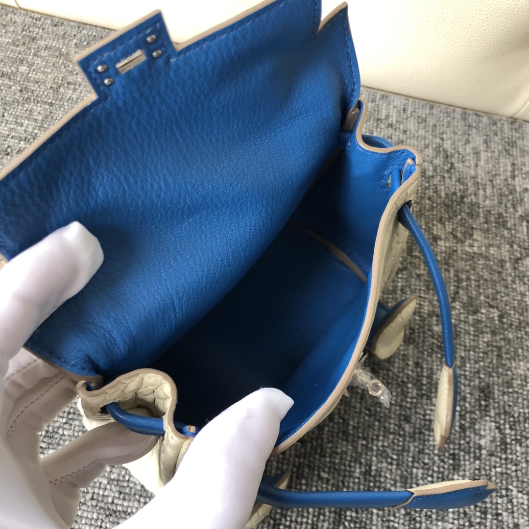 Customize Hermes 8L Beton/Blue Mykonos Matt Crocodile Kelly Doll Bag Silver Hardware