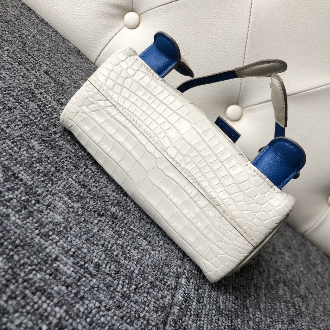 Customize Hermes 8L Beton/Blue Mykonos Matt Crocodile Kelly Doll Bag Silver Hardware