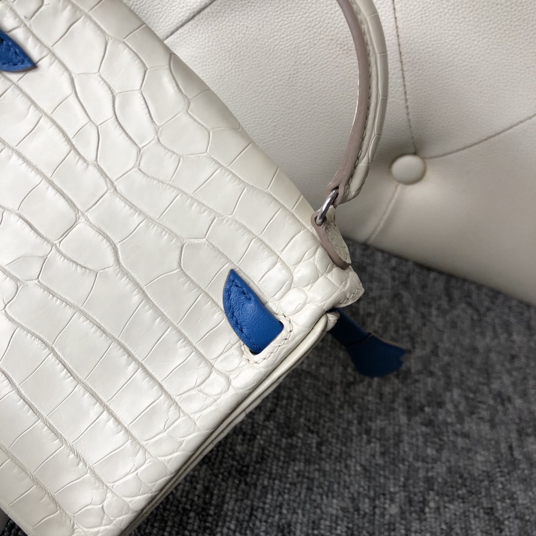 Customize Hermes 8L Beton/Blue Mykonos Matt Crocodile Kelly Doll Bag Silver Hardware