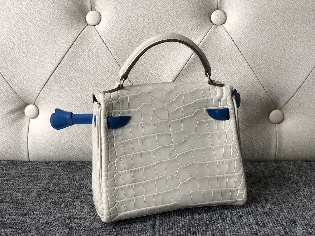 Customize Hermes 8L Beton/Blue Mykonos Matt Crocodile Kelly Doll Bag Silver Hardware