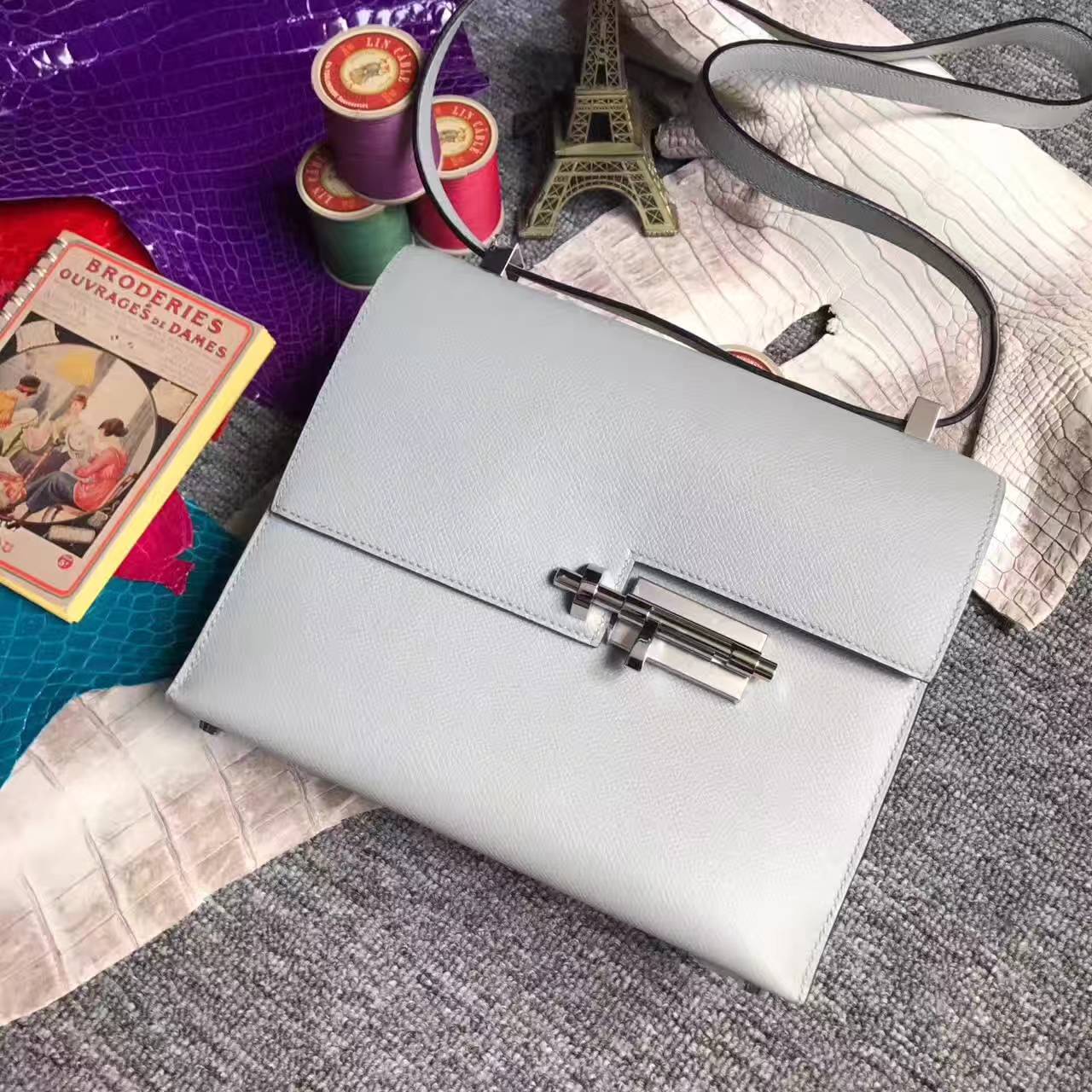 Wholesale Hermes 8U Blue Glacier Epsom Leather Verrou Bag 24cm