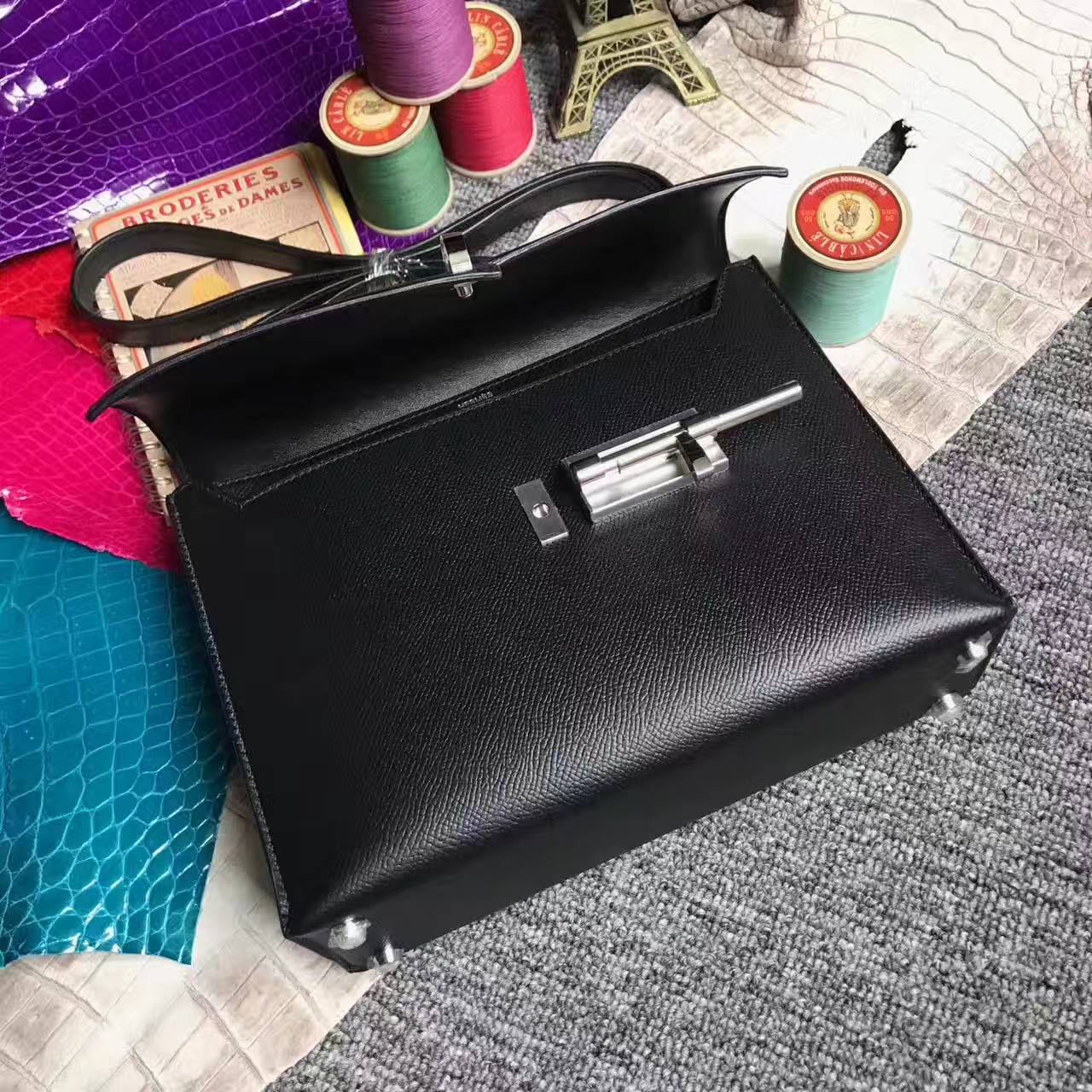 New Arrival Hermes Verrou Bag 24cm in CK89 Black Epsom Leather