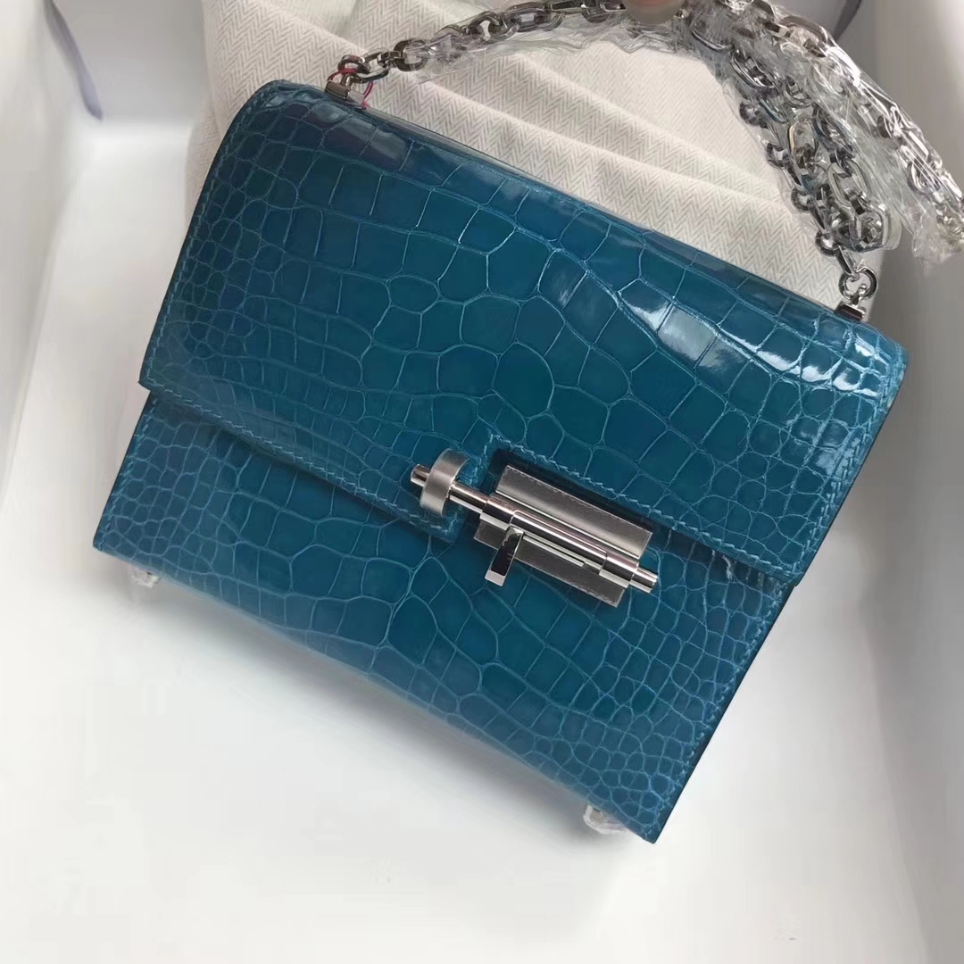 Fashion Hermes Shiny Crocodile Leather Verrou17cm Bag in 7W Blue Izmir Silver Hardware