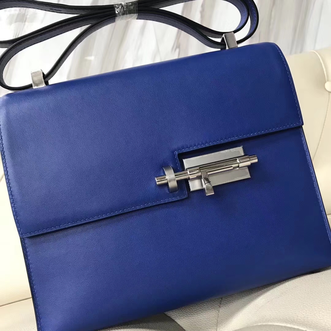 Fashion Hermes 7T Blue Electric Swift Calf Verrou Bag23CM Silver Hardware