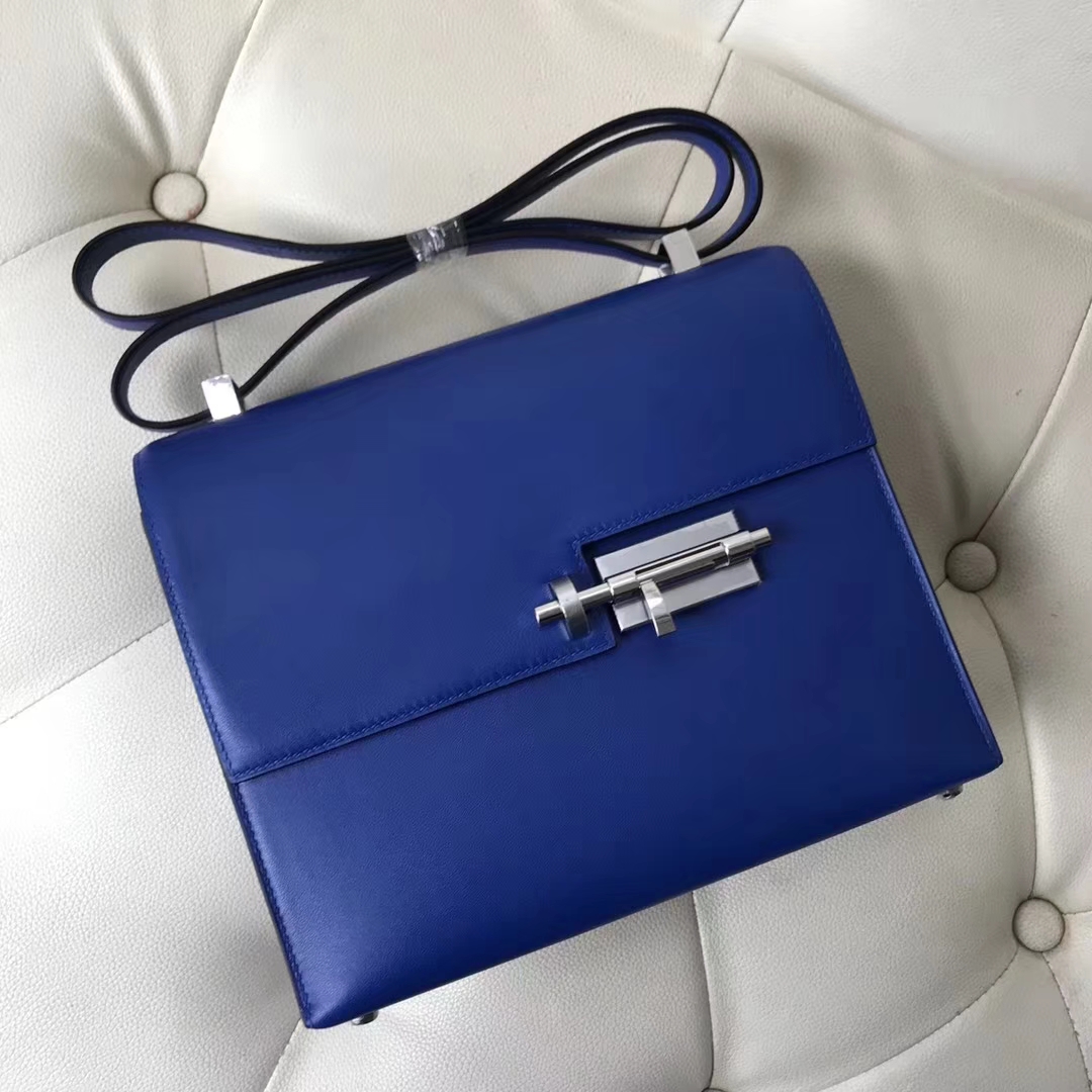 Fashion Hermes 7T Blue Electric Swift Calf Verrou Bag23CM Silver Hardware