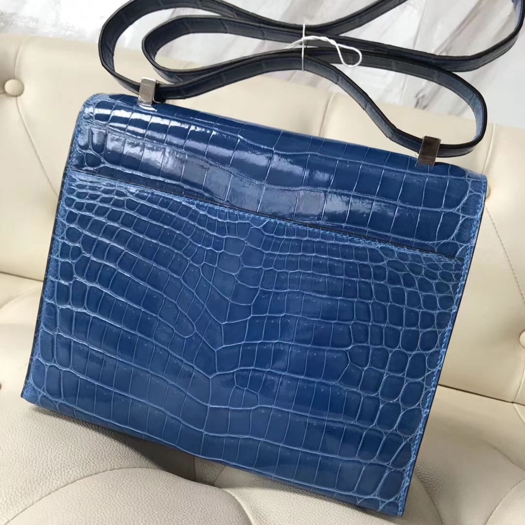 Wholesale Hermes 7Q Mykonos Blue Crocodile Shiny Leather Verrou Shoulder Bag21CM