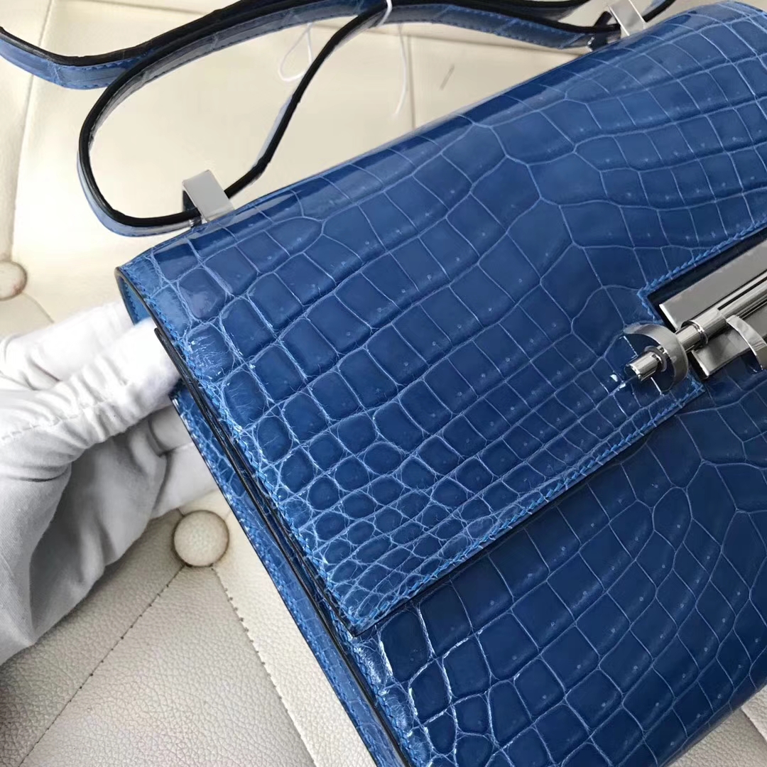 Wholesale Hermes 7Q Mykonos Blue Crocodile Shiny Leather Verrou Shoulder Bag21CM