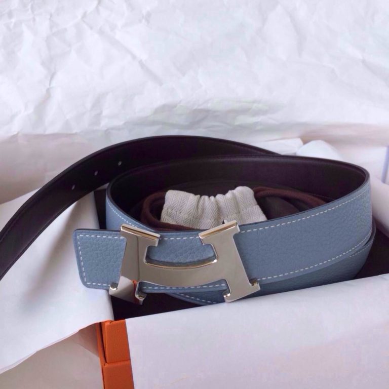 Hermes Two-sided Mens Belt J7 Blue Lin Togo Leather/Dark Coffee Box Leather  32mm Width