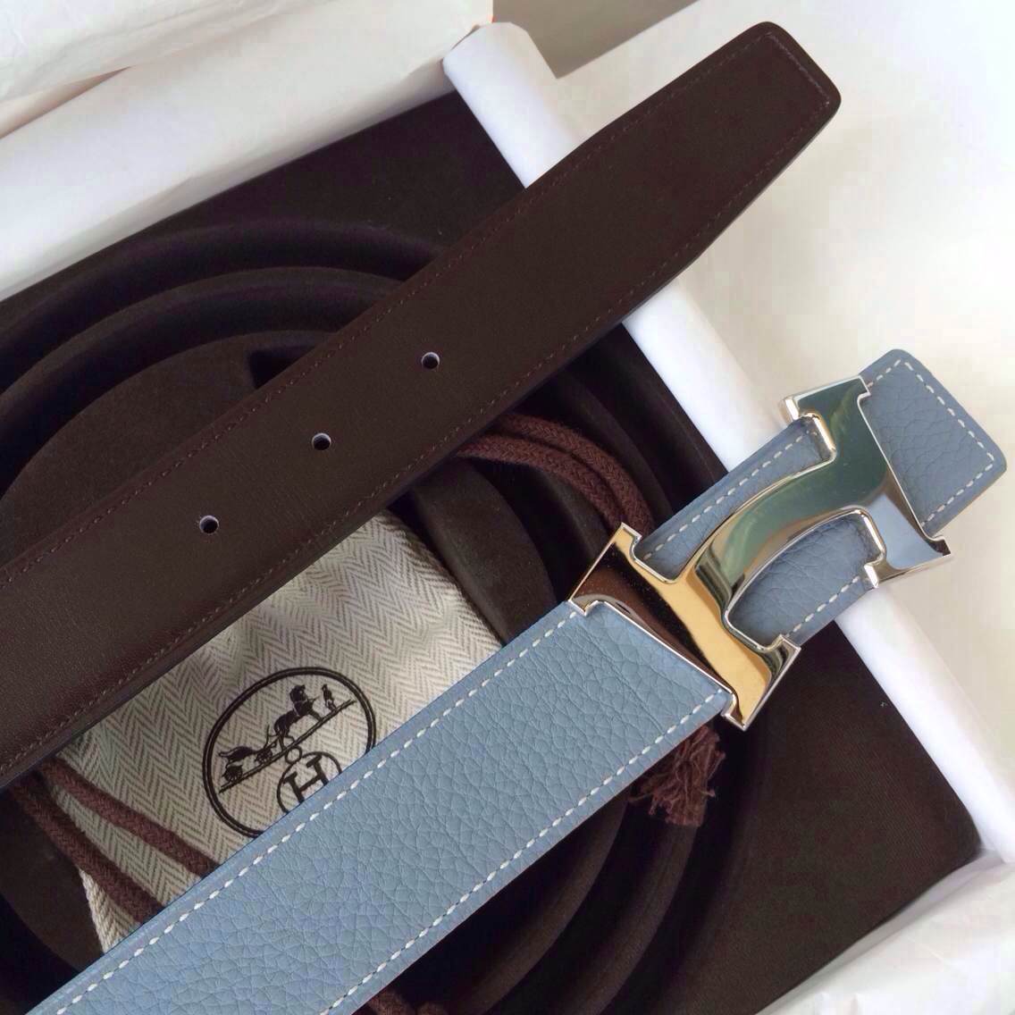 Hermes Two-sided Men&#8217;s Belt J7 Blue Lin Togo Leather/Dark Coffee Box Leather 32mm Width