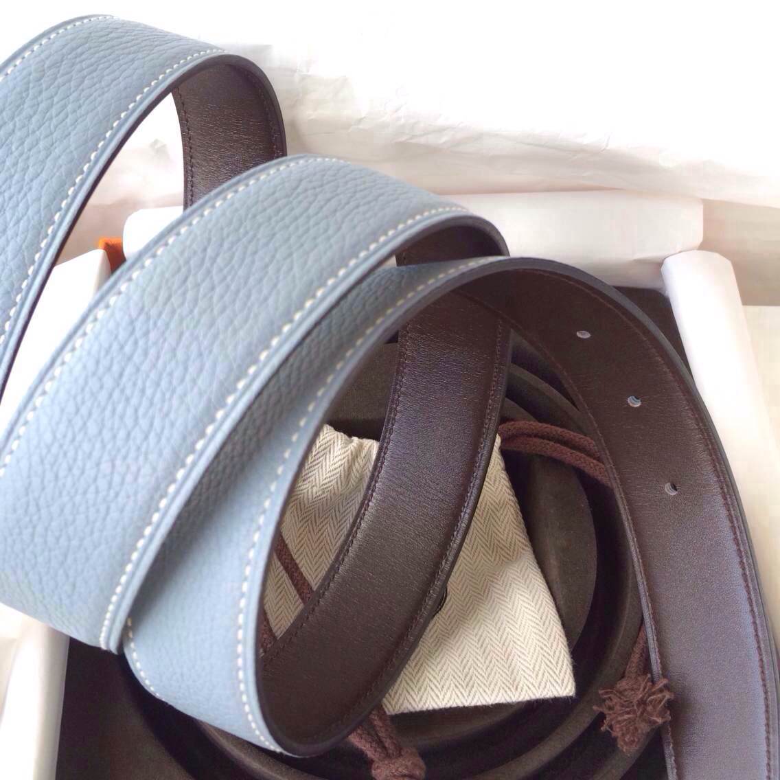 Hermes Two-sided Men&#8217;s Belt J7 Blue Lin Togo Leather/Dark Coffee Box Leather 32mm Width