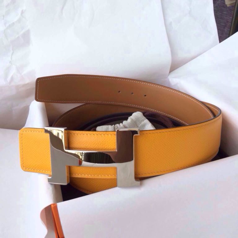 Hermes Two-sided Belt 42mm Width 9V Moutarde Epsom Leather/Light Coffee Box Leather