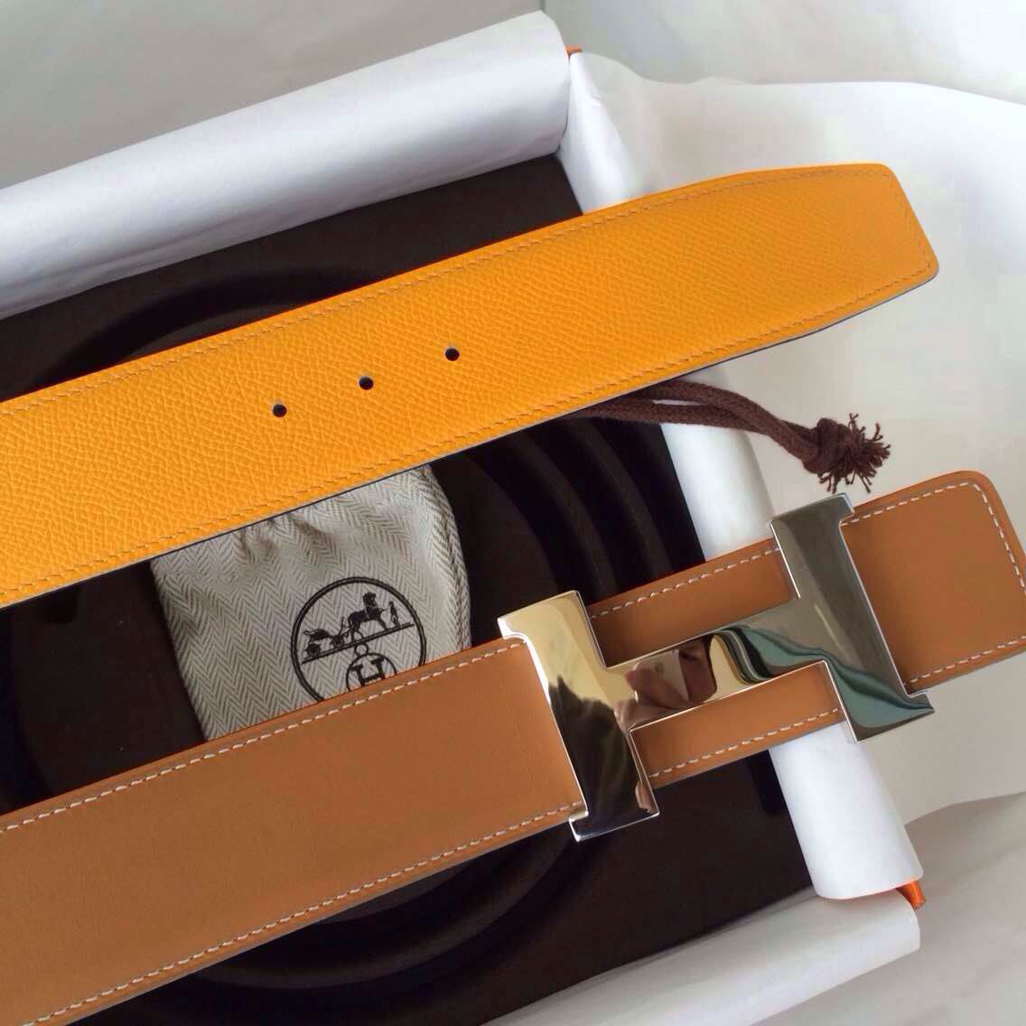 Cheap Hermes Two-sided Belt 42mm Width 9V Moutarde Epsom Leather/Light Coffee Box Leather
