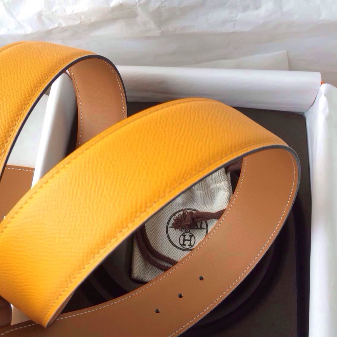 Cheap Hermes Two-sided Belt 42mm Width 9V Moutarde Epsom Leather/Light Coffee Box Leather