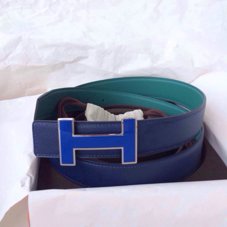 32mm Width Blue Electric/Z6 Malachite Swift Leather Enamel Buckle Hermes Belt
