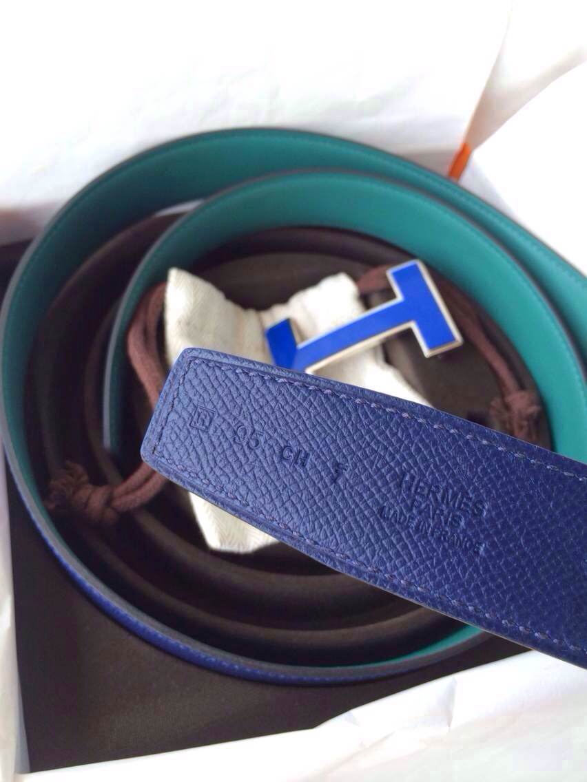 Sale 32mm Width New Blue Electric/Z6 Malachite Swift Leather Enamel Buckle Hermes Belt