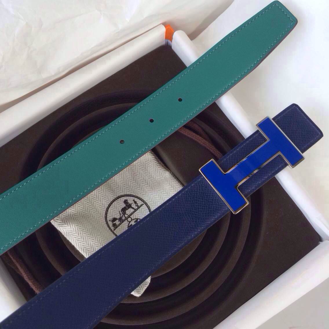 Sale 32mm Width New Blue Electric/Z6 Malachite Swift Leather Enamel Buckle Hermes Belt