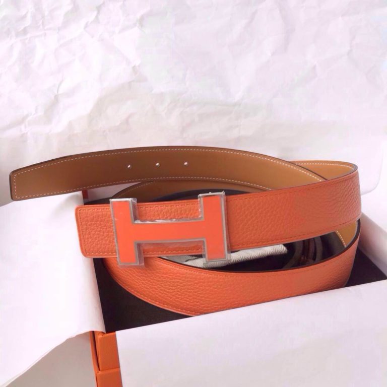 Hermes Belt 93 Orange Togo Leather Light Coffee Box Leather  32mm Width