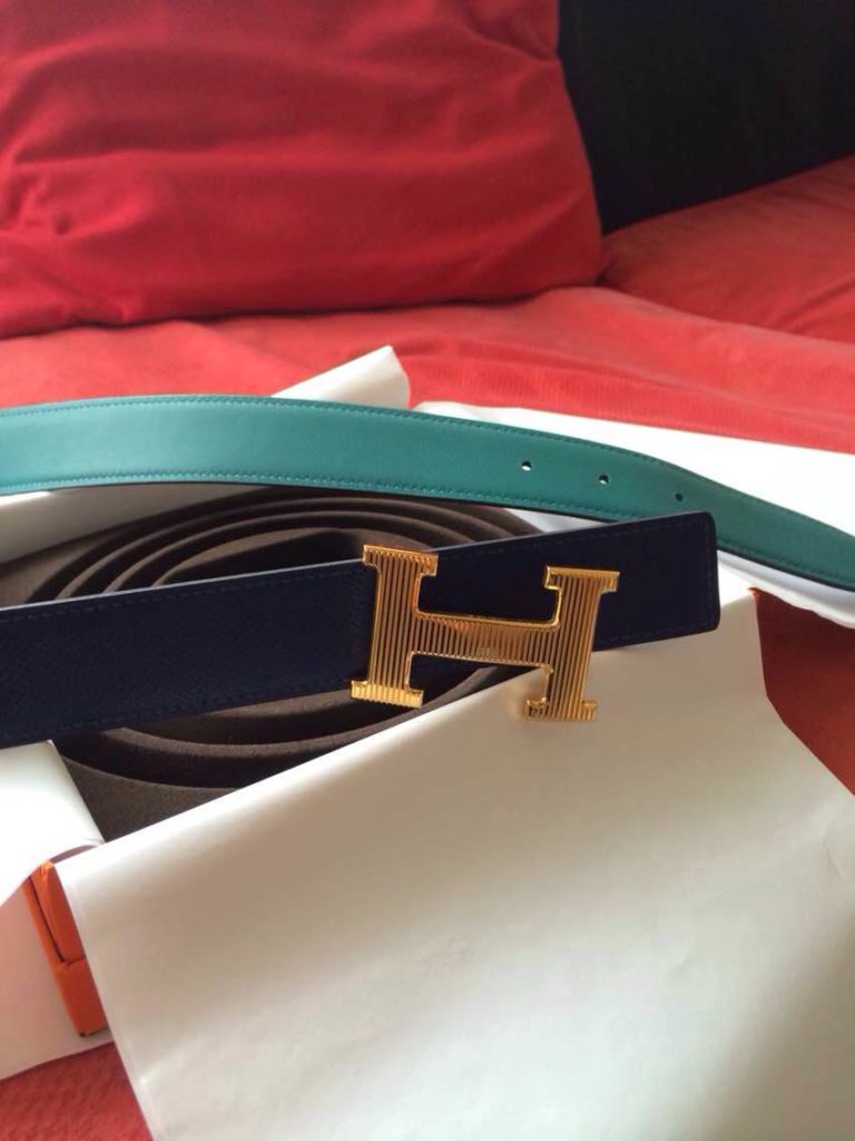 Hermes Two-sided Mens Belt Blue Saphir Epsom Leather/z6 Malachite Swift Leather Striped Buckle