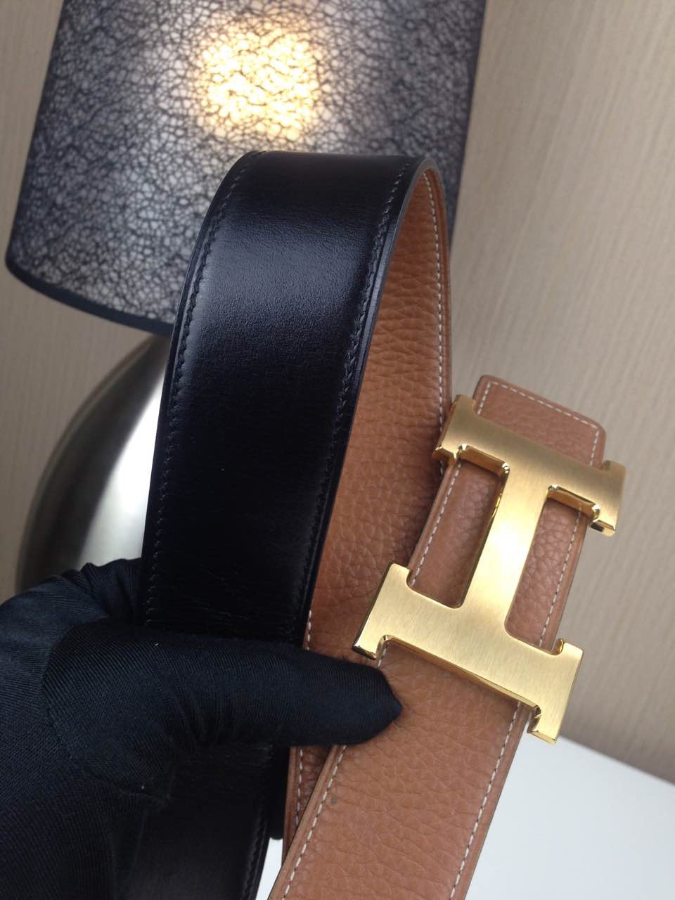 Hermes Litchi grain Brown and black H buckle 3.8CM wide
