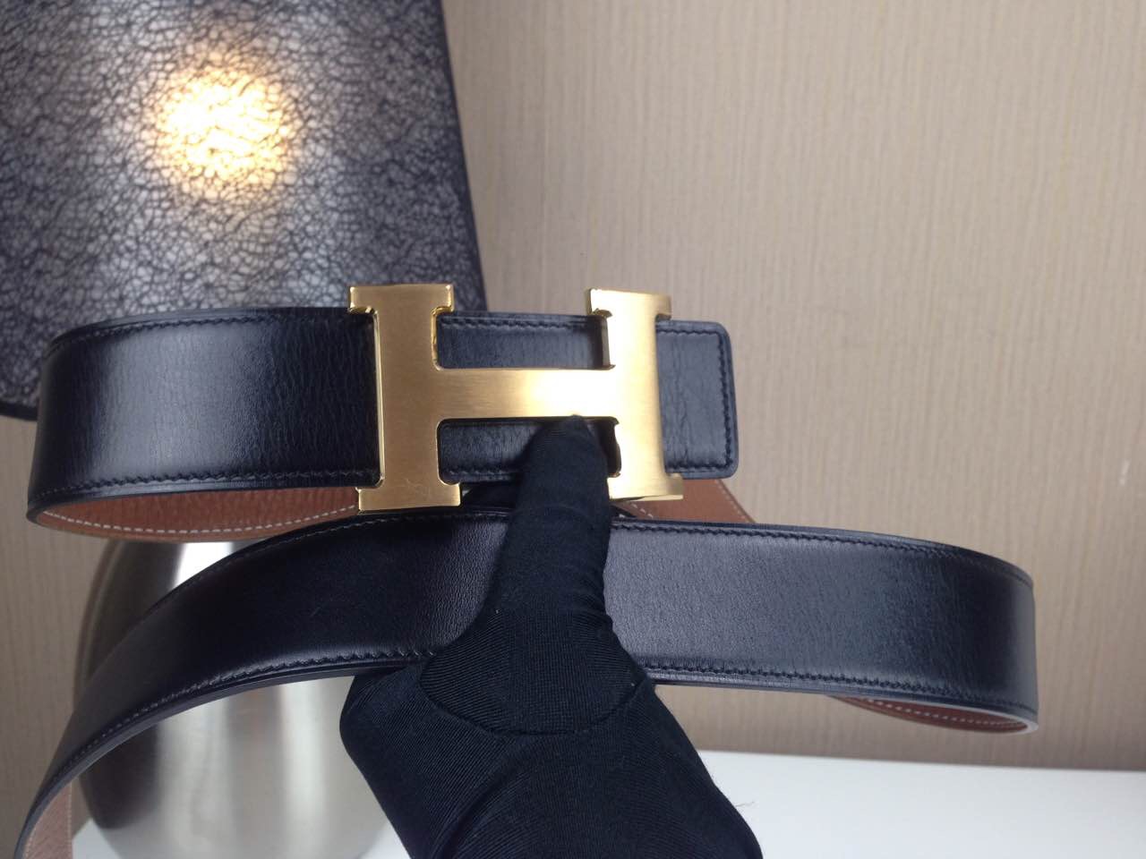 Hermes Litchi grain Brown and black H buckle 3.8CM wide
