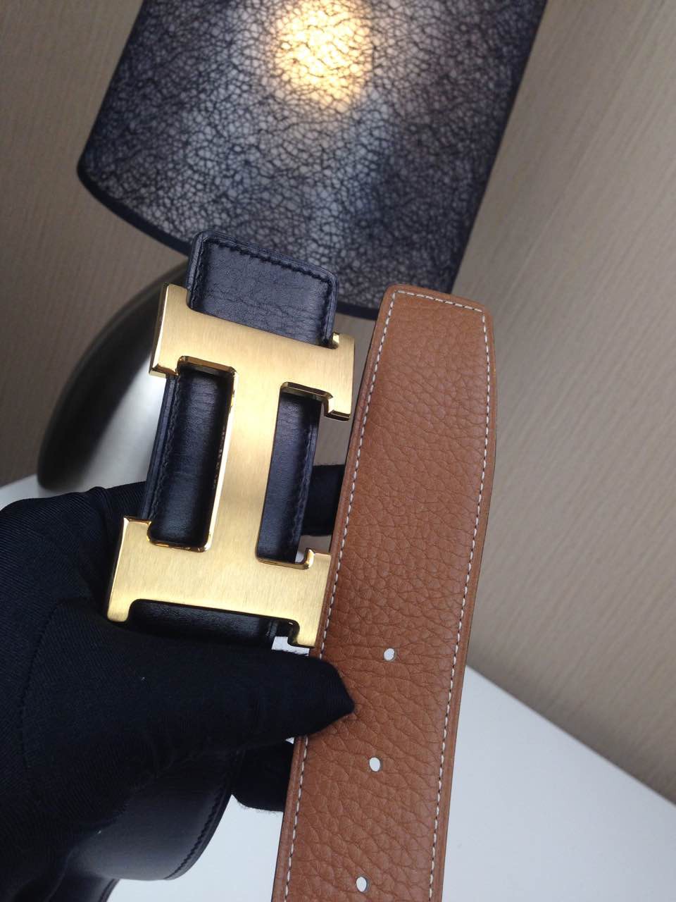 Hermes Litchi grain Brown and black H buckle 3.8CM wide