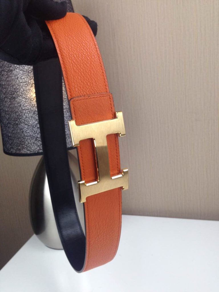 Hermes Litchi grain Orange and black H buckle 3.8CM wide