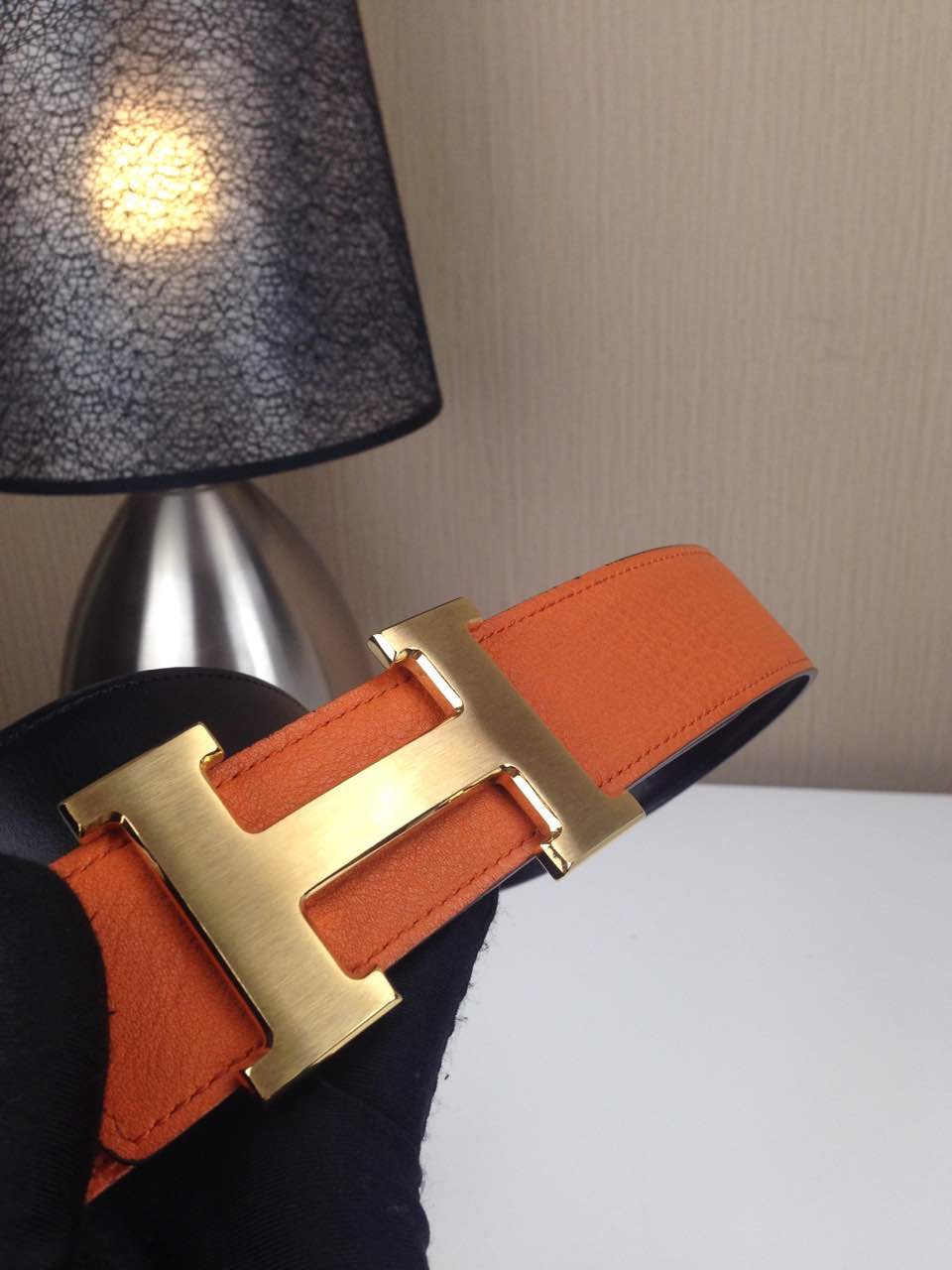 Hermes Litchi grain Orange and black H buckle 3.8CM wide