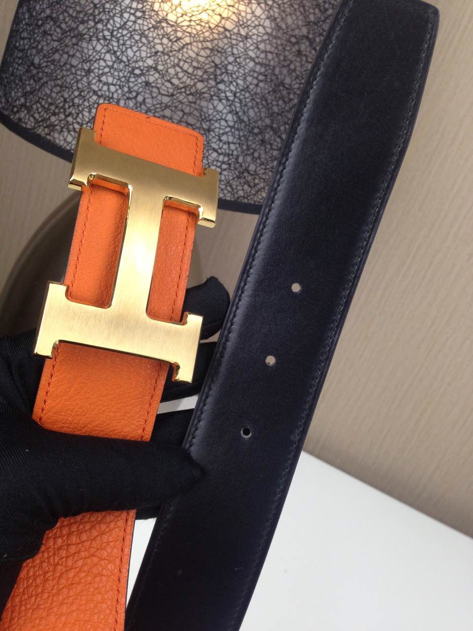 Hermes Litchi grain Orange and black H buckle 3.8CM wide