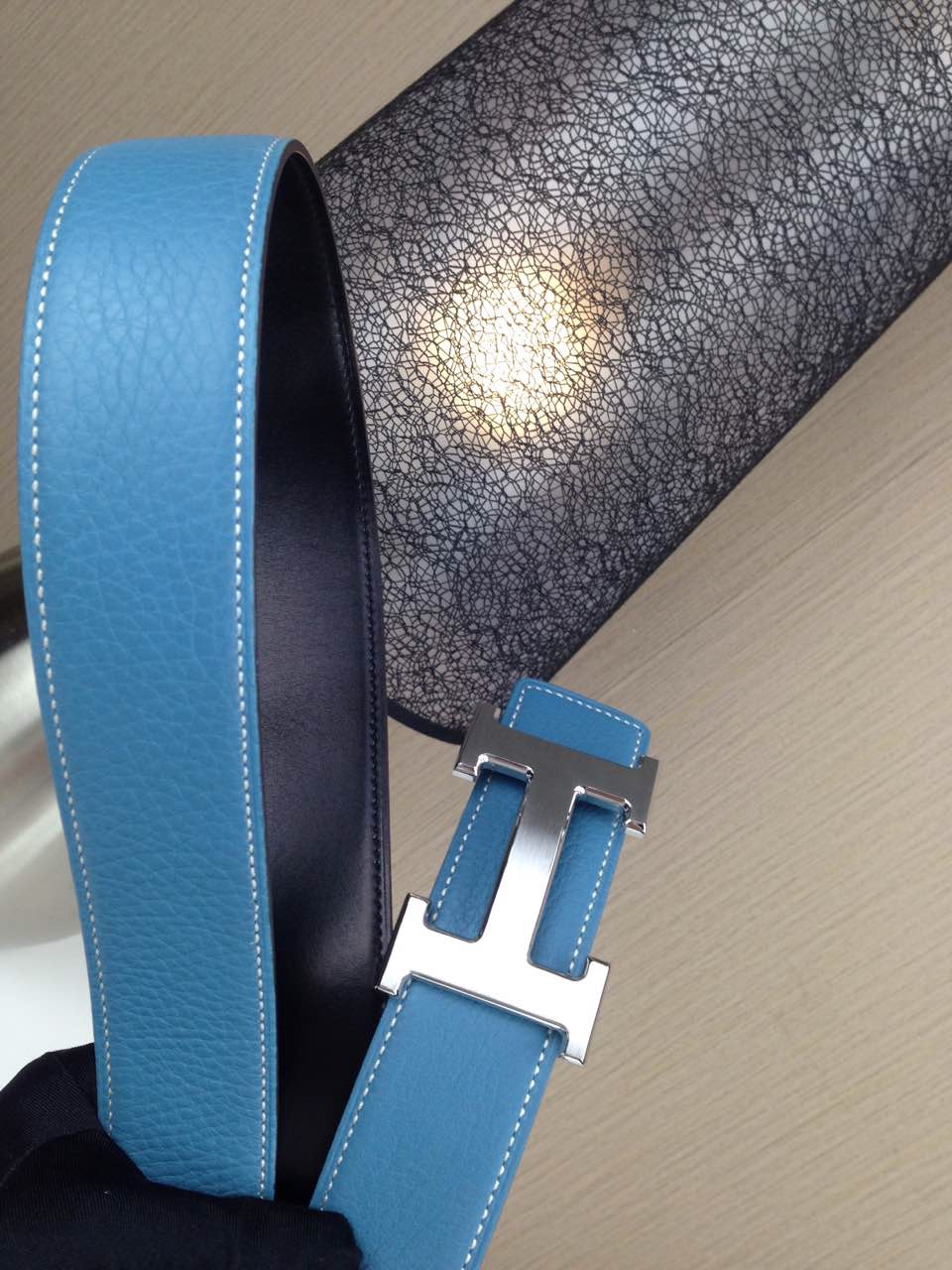 Hermes Litchi grain Sky blue and black H buckle 3.8CM wide