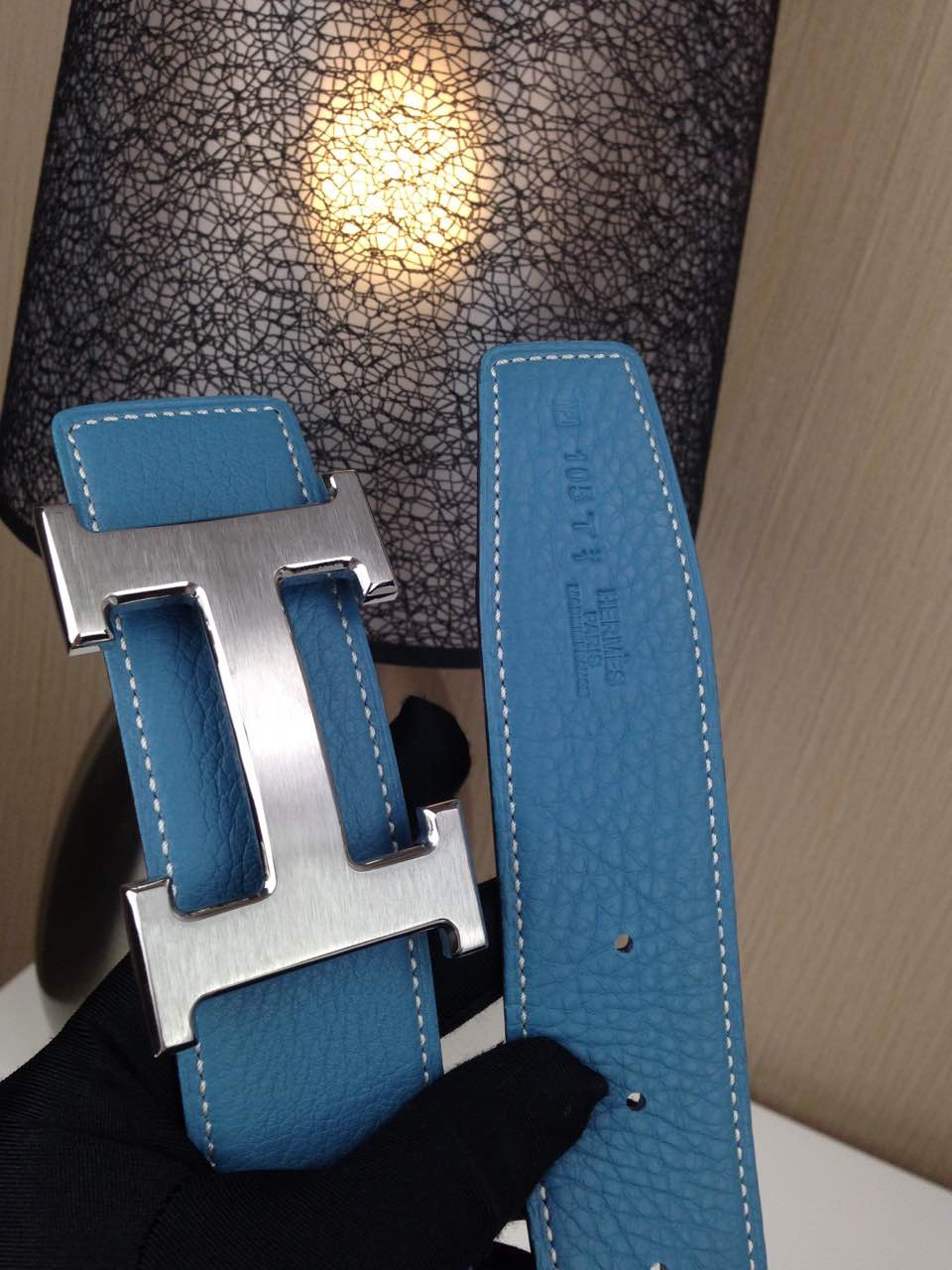 Hermes Litchi grain Sky blue and black H buckle 3.8CM wide